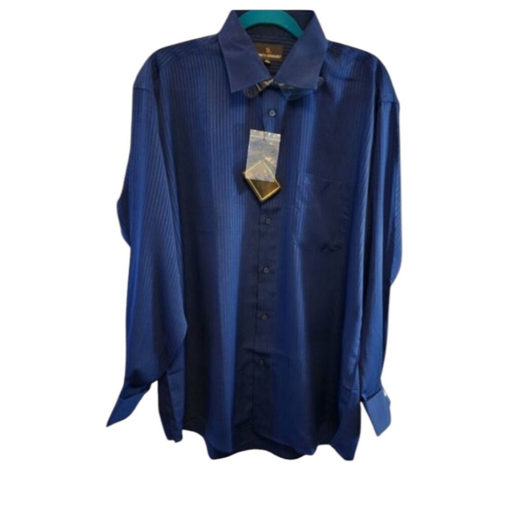 STACY ADAMS BLUE PIN STRIPE NWT SIZE 17 34/35 SHIRT FRENCH CUFFS LONG SLEEVE